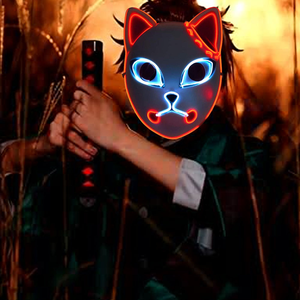 Маска убийцы демонов лисы японского аниме Ghost Blade Косплей Костюм Реквизит Необычные платья Вечеринка Маскарад для взрослых подростков Хэллоуин светодиодная маска загорается 