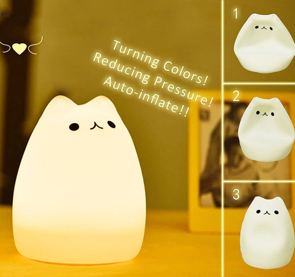 LED Cute Kitten Night Light  Touch Discoloration 7 Colors Silicone Cat Atmosphere Warm Color Lamp Reducing Pressure